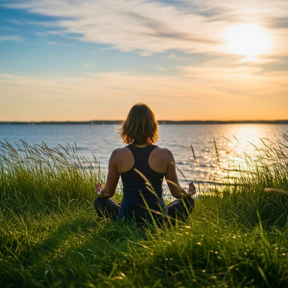 Frau Krüger blickt meditativ aufs Wasser an der Küste von Rügen, Rückenansicht.