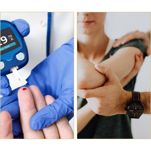Links: Präzise Diabetesdiagnostik durch Blutzuckermessung am Finger.
Rechts: Orthopädische Untersuchung und individuelle Betreuung des Bewegungsapparates.