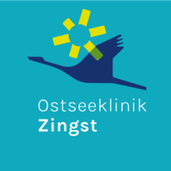 Neues Logo der Ostseeklinik Zingst mit stilisiertem Kranich und integriertem Zahnrad als Symbol für Gesundheit, Bewegung und Rehabilitation.